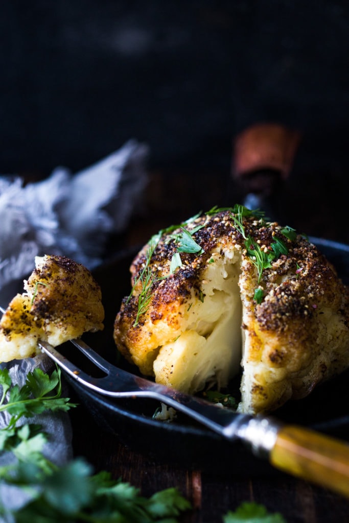 Whole Roasted Cauliflower with Tahini Sauce | Feasting at Home