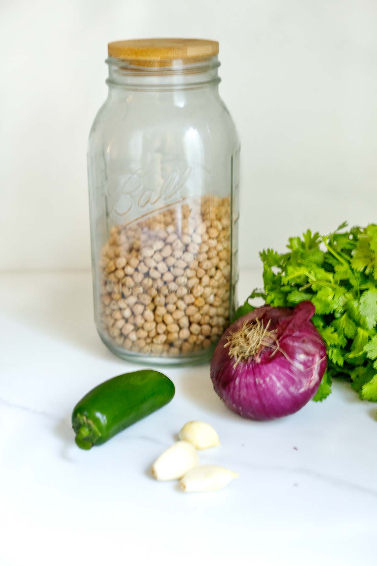 ingredients on counter for falafel burgers - jar of dried chickpeas, cilantro bunch, red onion, jalapeño, and three garlic cloves.