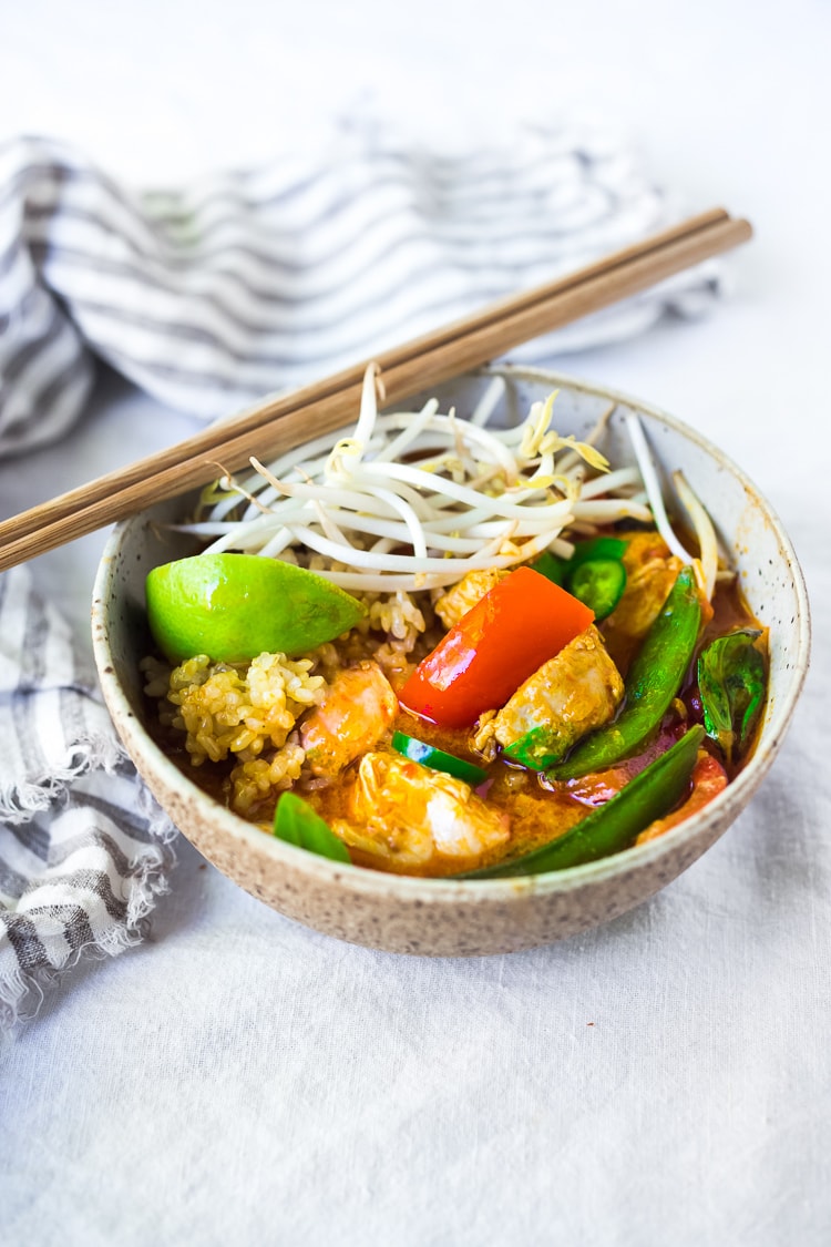 A simple delicious recipe for Instant Pot Thai Curry Chicken,  loaded up with your favorite seasonal veggies! This flavorful meal can be made in 25 minutes!  Serve it over rice, quinoa or even rice noodles - and save the leftovers for lunch! #instantpot #instantpotrecipes #instantpotchicken #instantpotchickencurry #thaicurrychicken 