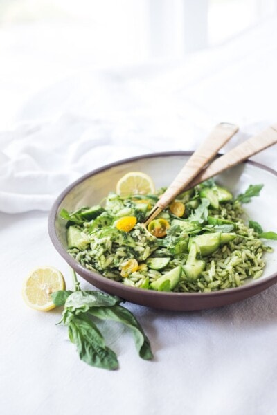 Lemon Basil Orzo Salad with Cucumber, Tomato and Arugula | Feasting At Home