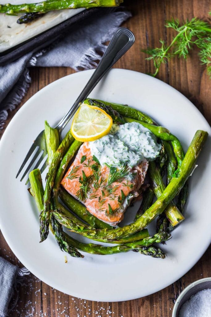 Baked Salmon with Dill Sauce and Asparagus | Feasting At Home