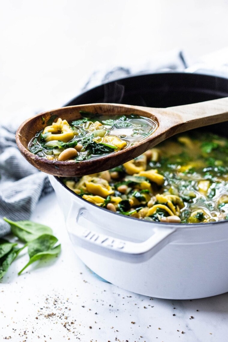 Brothy Tortellini Soup w/ Spinach, Basil & White Beans | Feasting at Home