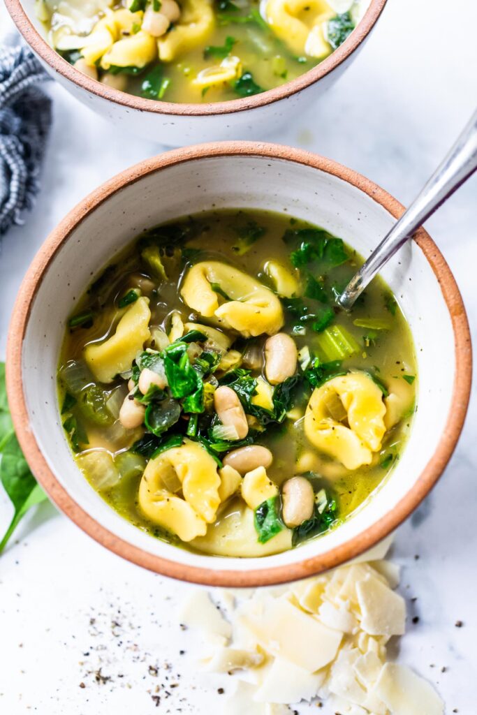 Brothy Tortellini Soup w/ Spinach, Basil & White Beans | Feasting at Home
