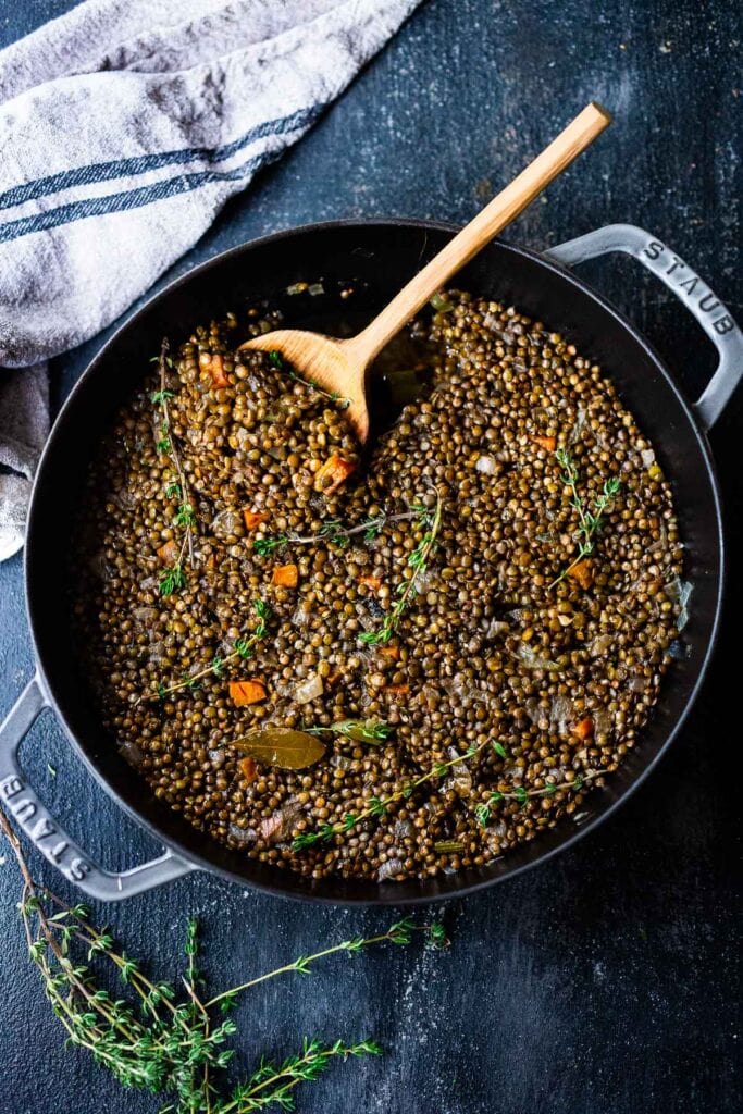 French lentils in a braiser. 