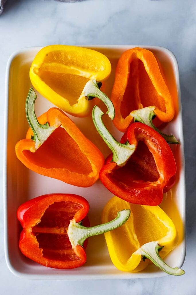 bell pepper shells ready on a tray.