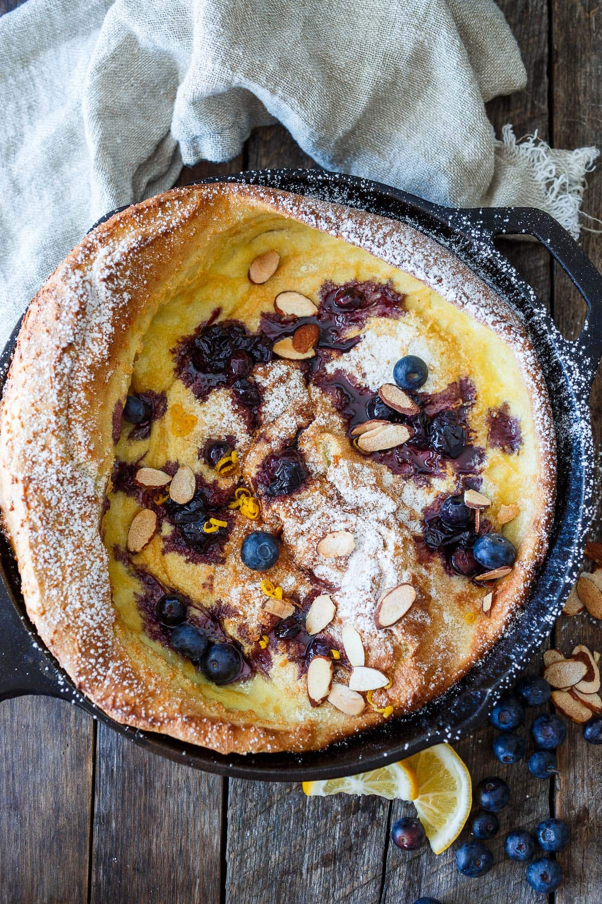 Oven Baked Dutch Baby in a skillet. 
