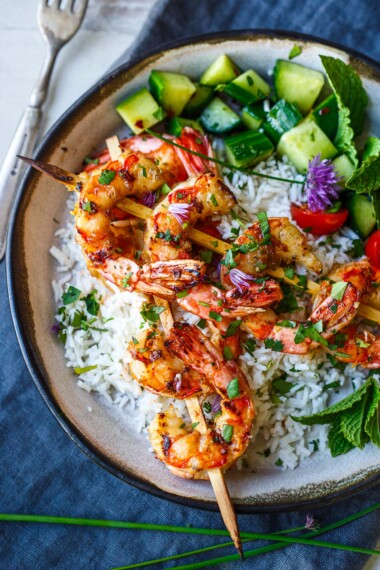 Tender mouthwatering Grilled Lemongrass Shrimp is easy and versatile. Serve with coconut rice, in lettuce wraps, or in a rice noodle bowl. Gluten-free.
