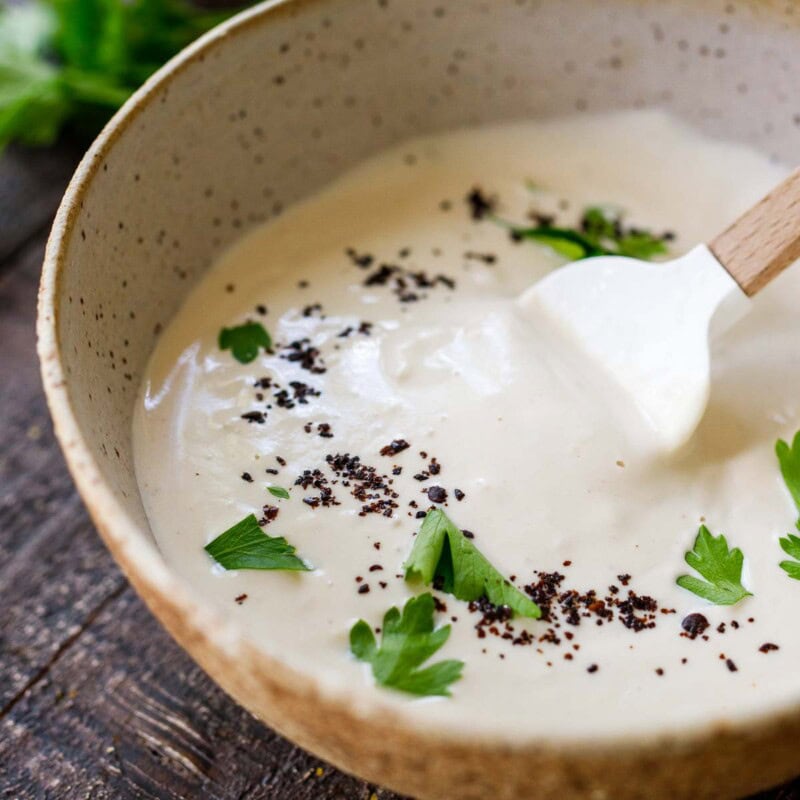 tahini yogurt sauce in a bowl for cauliflower, lamb, shawarma, falafel or vegetables.